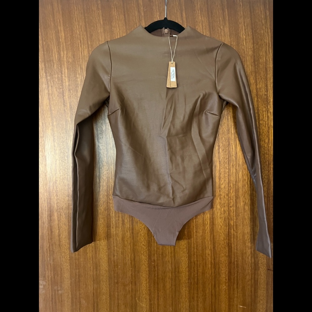 SKIMS Faux Leather Brown Long Sleeve Bodysuit